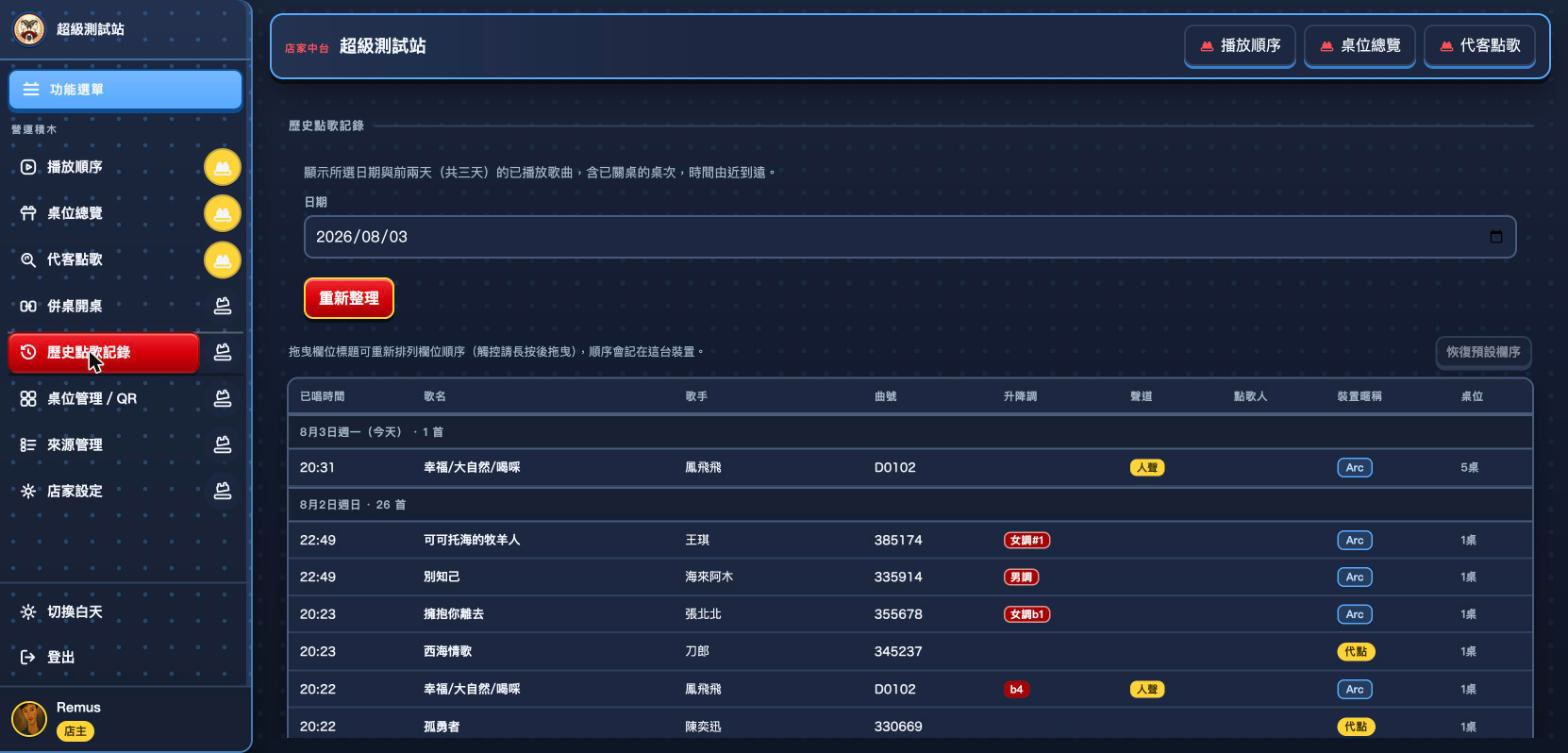 歷史點歌記錄:依日期查看已播放歌曲,升降調欄顯示各種音調標籤,欄位可拖曳重排
