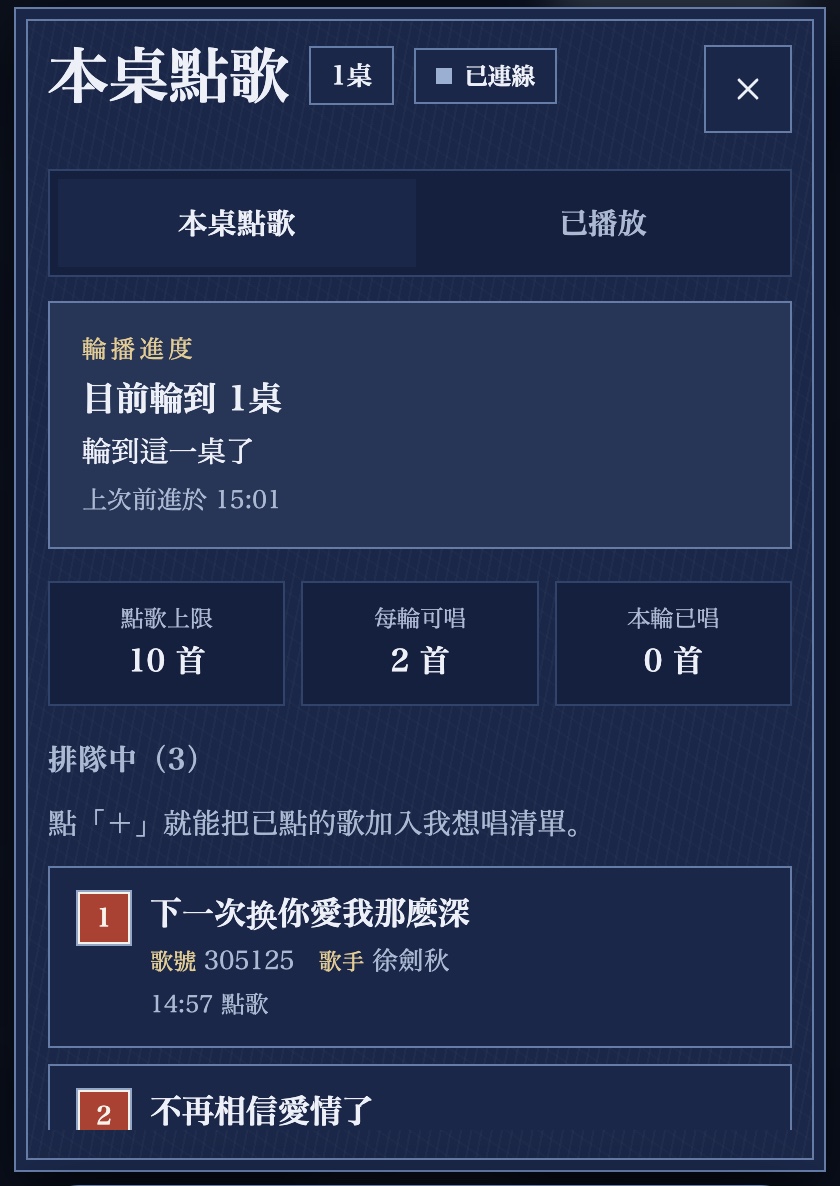 客人手機的已點歌曲面板：上方輪播進度與三個額度數字，下方是排隊中清單