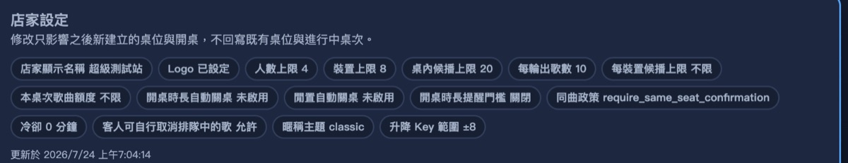 店家設定最上方的摘要標籤列，顯示各項上限與升降 Key 範圍現況