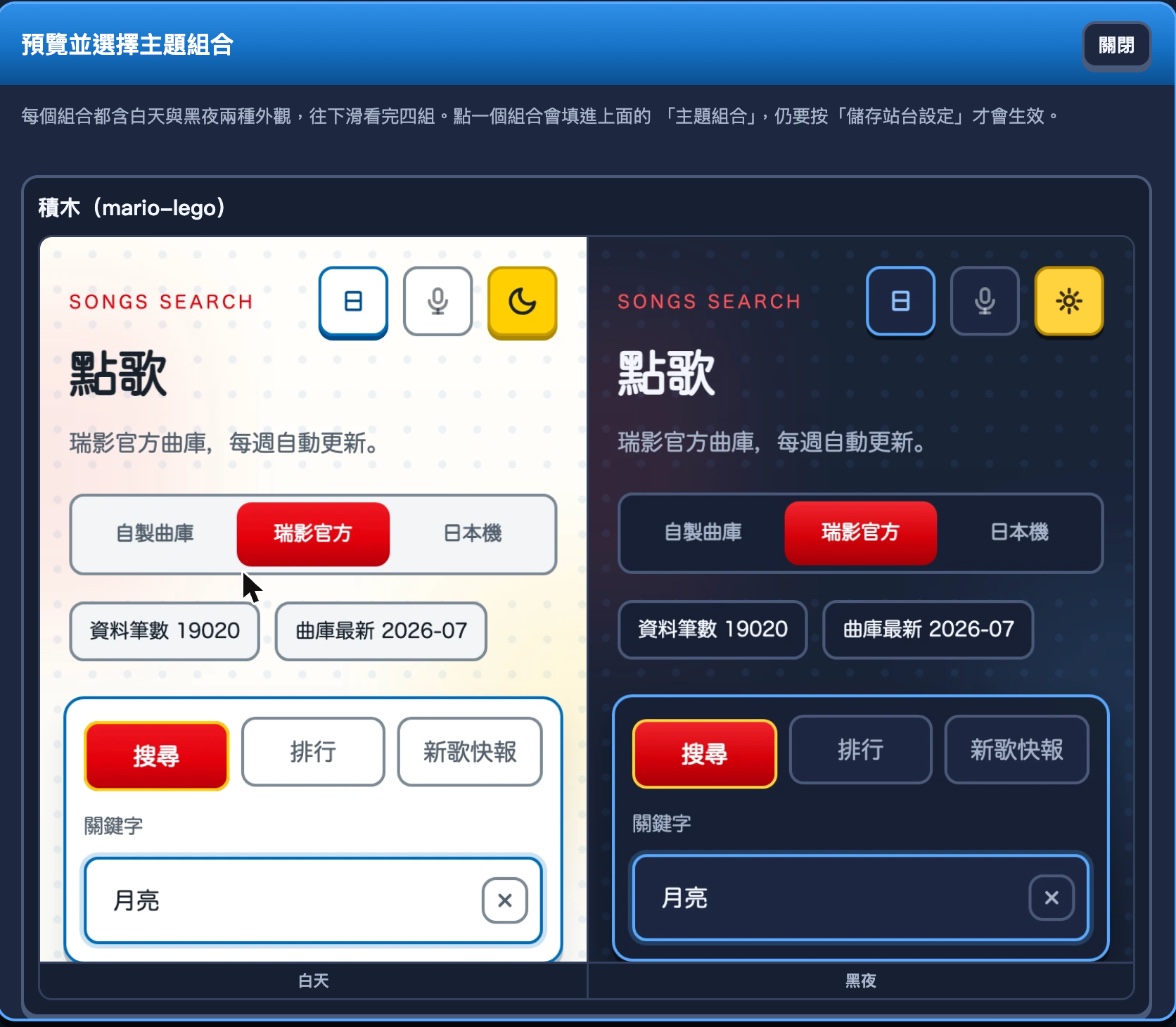 預覽並選擇主題組合對話框:一列一個組合,左邊白天外觀、右邊黑夜外觀