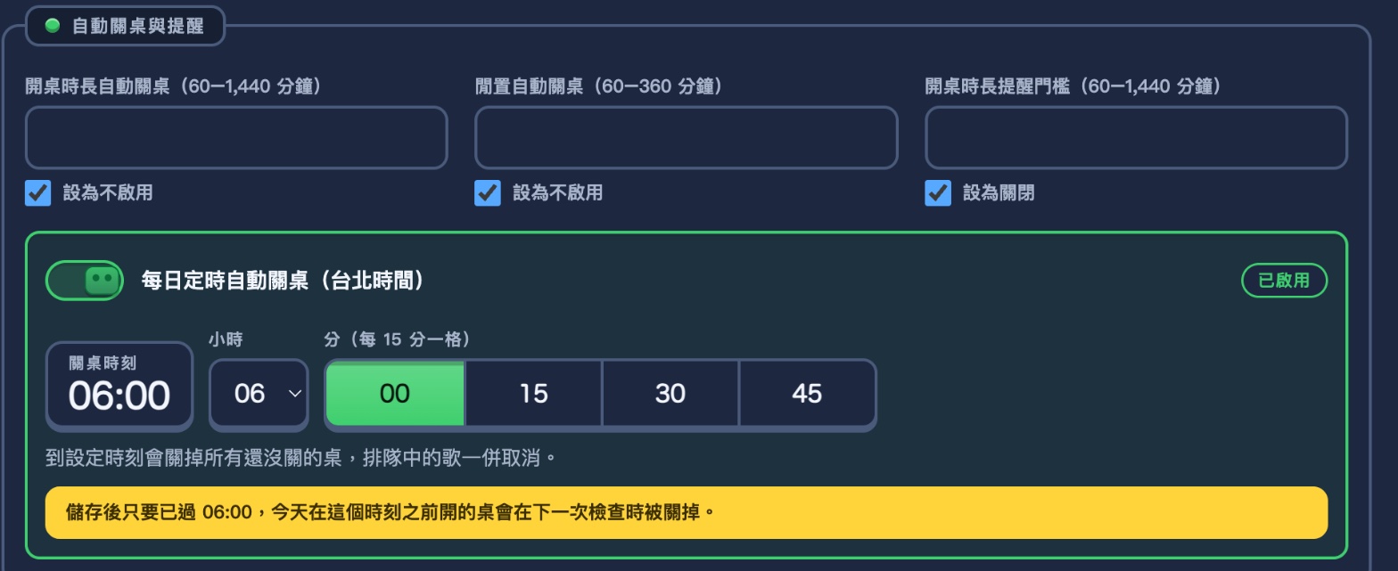 自動關桌與提醒區：上排三個欄位，下方綠框的每日定時自動關桌已啟用並設為 06:00