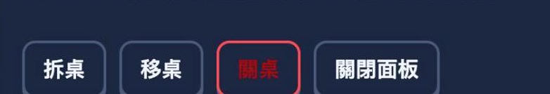 桌次明細面板最下面的按鈕列:拆桌、移桌、關桌(紅字)、關閉面板