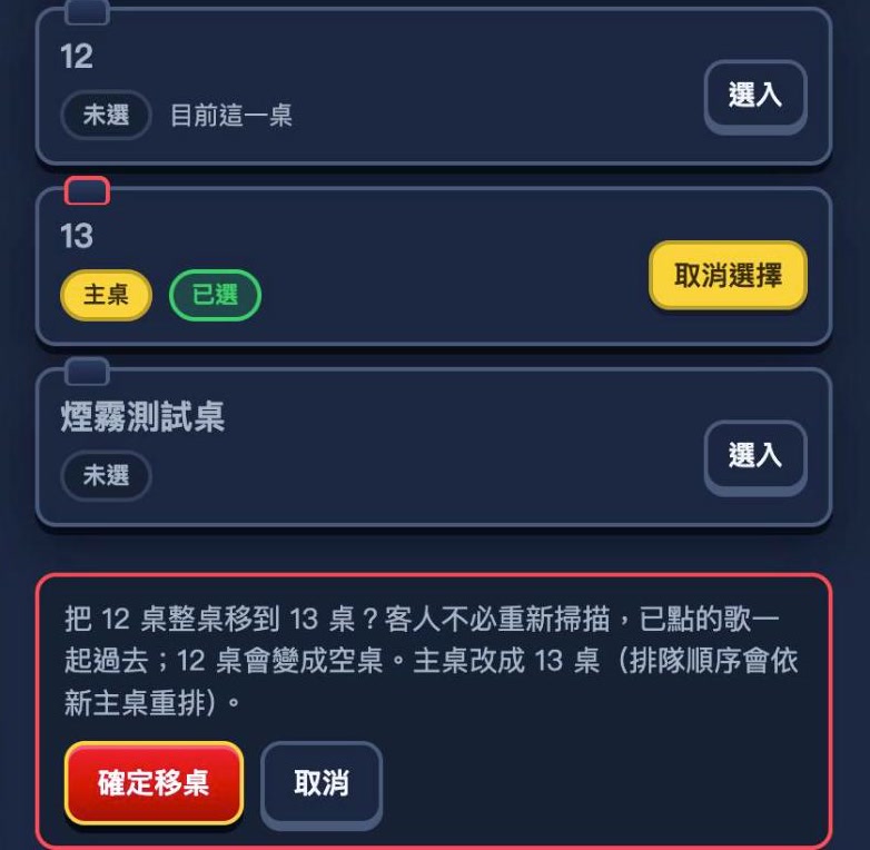 移桌送出前的確認條:逐字說明會移到哪一桌、客人不必重新掃描、哪一張桌會變成空桌