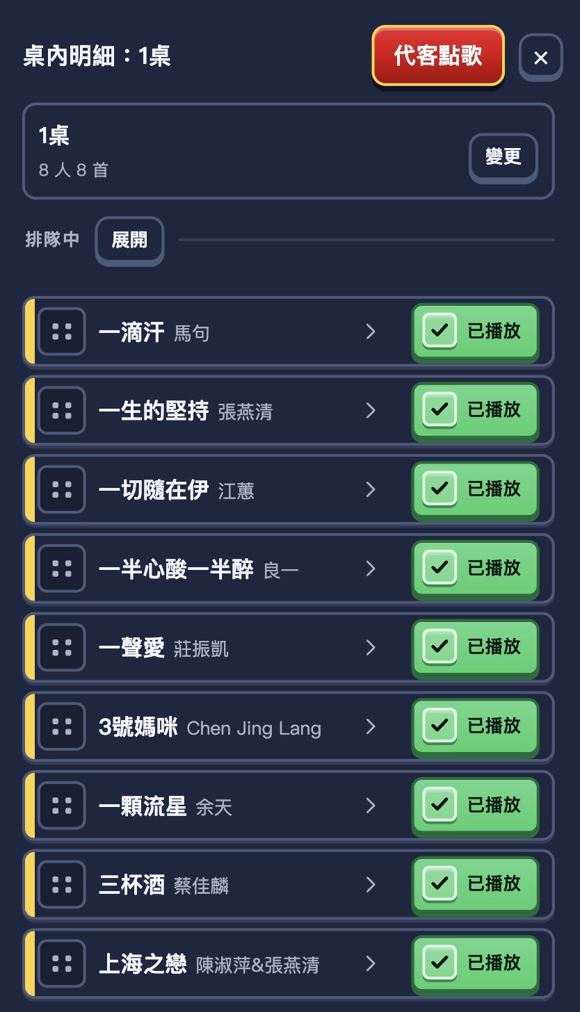 桌內明細的排隊中清單：九首歌各佔一行，只有把手、歌名與已播放按鈕，標題旁有展開按鈕